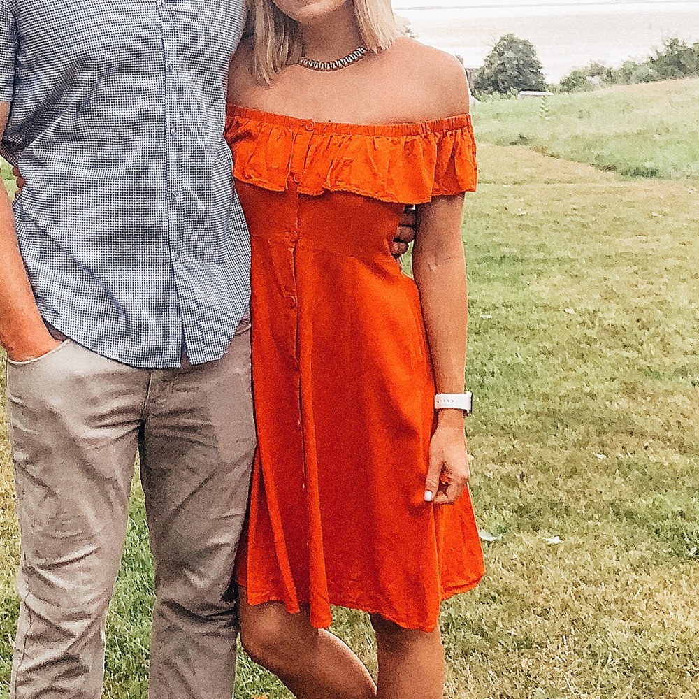 Burnt Orange/Red Off the Shoulder Dress